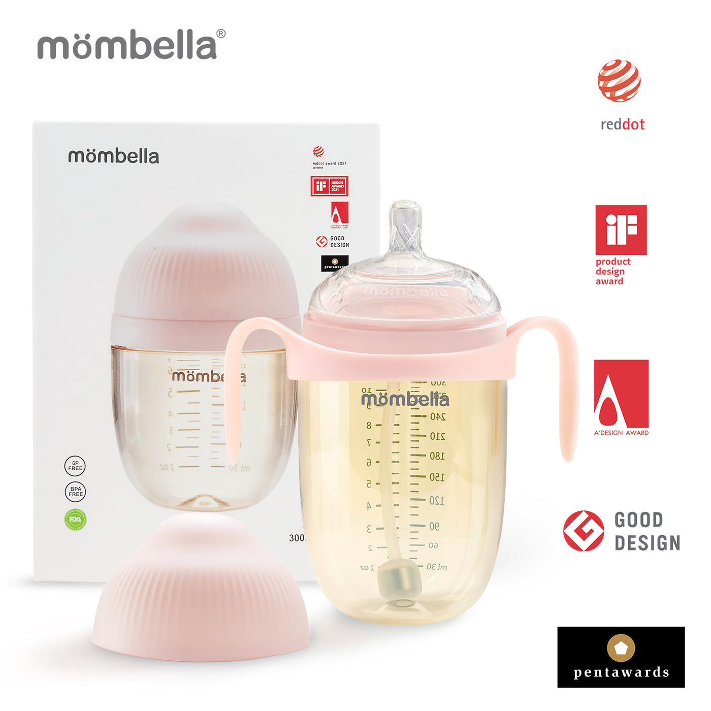 Mombella Award-Winning 10oz PPSU/Silicone Breast Shaped Baby Feeding Bottle With Straw & Handle